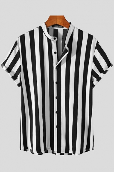 Guys Elegant Shirt Striped Print Button Up Short Sleeve Stand Neck Regular Fitted Shirt
