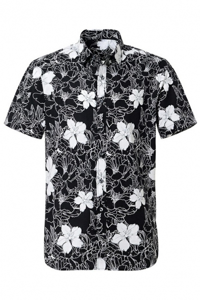 Guys Leisure Shirt Plant Pattern Single-Breasted Collar Short Sleeve Relaxed Fit Shirt