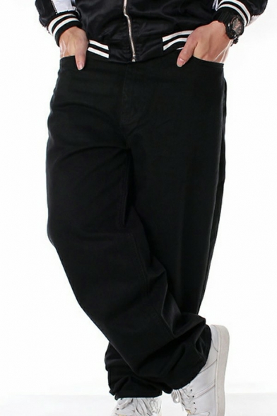 Hip-hop Guys Jeans Whole Colored Mid Rise Side Pocket Loose Fit Jeans in Black