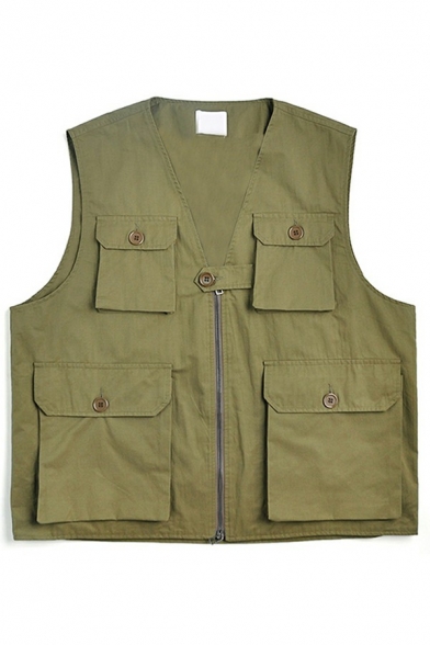 Hip-hop Guys Vest Pure Color Zip-up Pocket Detail V-Neck Oversized Vest