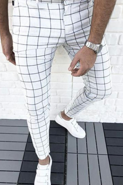 Leisure Mens Pants Plaid Pattern Zip Up Detail Ankle Length Mid-Rised Skinny Fit Pants