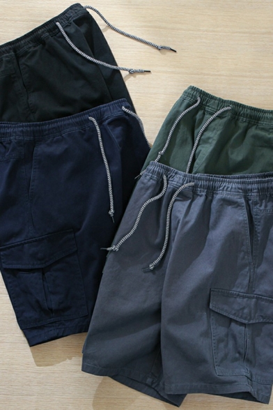 Men Basic Shorts Pure Color Elastic Waist Drawstring Pocket Detail Regular Fitted Shorts