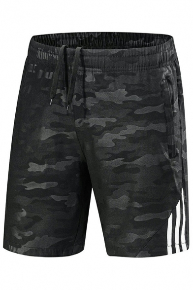 Men Breathable Shorts Camo Printed Drawstring Elastic Waist Pocket Detailed Straight Fitted Shorts