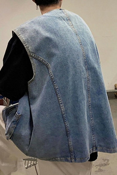 Men Freestyle Vest Plain Big Pocket Decoration Sleeveless V-Neck Loose Single Breasted Denim Vest