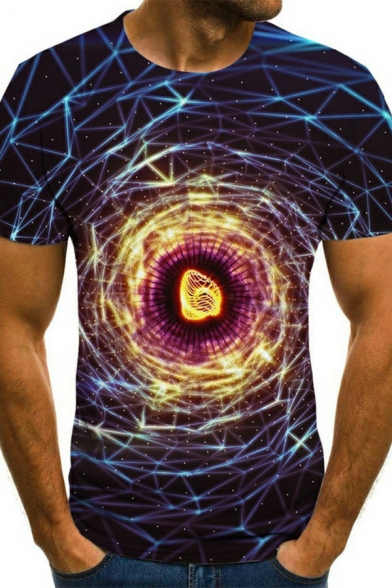 Men Popular Tee Top 3D Whirlpool Patterned Round Neck Short Sleeve Fitted Tee Top