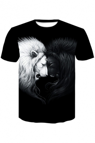 Men's Creative T-Shirt 3D Lion Pattern Round Neck Short-Sleeved Relaxed Fit T-Shirt