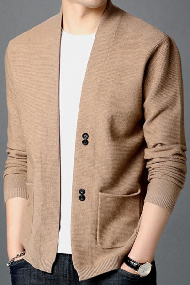 Men Stylish Cardigan Plain Side Pocket Button Embellished Long-sleeved Fit Cardigan