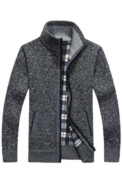 Men Warm Cardigan Plain Pocket Detailed Zipper Design Plaid Lined Long Sleeves Fitted Cardigan