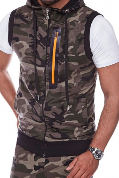 Modern Guys Vest Camo Printed Hooded Drawcord Zip Embellish Slimming Vest
