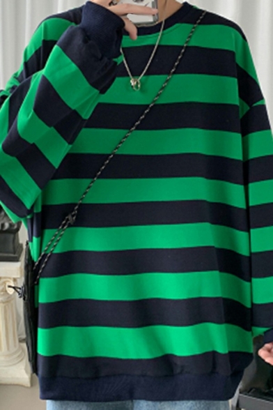 Popular Mens Sweatshirt Vertical Striped Print Long Sleeves Round Neck Loose Fit Sweatshirt