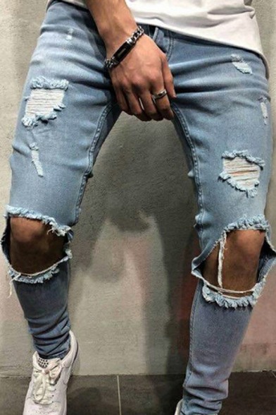 Retro Jeans Solid Color Ripped Mid Waist Zip Closure Skinny-Fit Long Jeans for Men