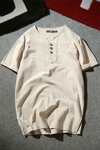 Basic Men's T-Shirt Solid Color Short-Sleeved V-Neck Button Detail Loose Fit T-Shirt