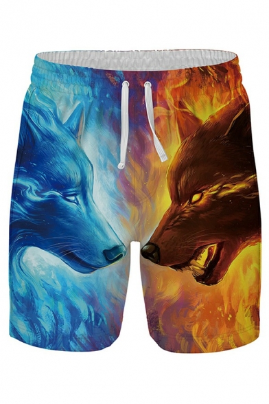 Boyish Boys 3D Double Wolves Print Drawcord Elastic Waist Mid Rise Relaxed Fit Shorts