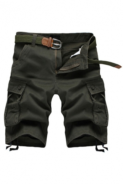 Casual Men Cargo Shorts Solid Color Flap Pocket Detailed Relaxed Fit Zipper Placket Cargo Shorts