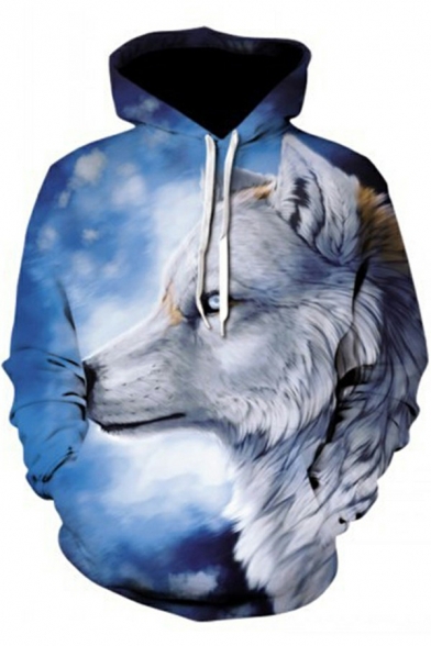 Casual Mens Hoodie 3D Wolf Print Long Sleeve Relaxed Fit Drawstring Hoodie