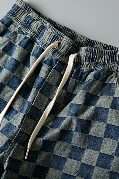 Chic Jeans Plaid Print Drawstring Elasticated Waist Knee Length Regular Jeans for Boys