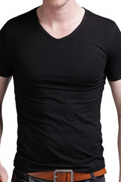 Cozy Tee Top Solid V-Neck Short Sleeves Slim Fit Soft T-Shirt for Men