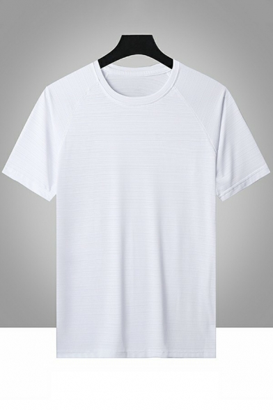 Fashion Men T-shirt Pure Color Pinstripe Printed Crew Neck Short Sleeves  Regular Tee Top