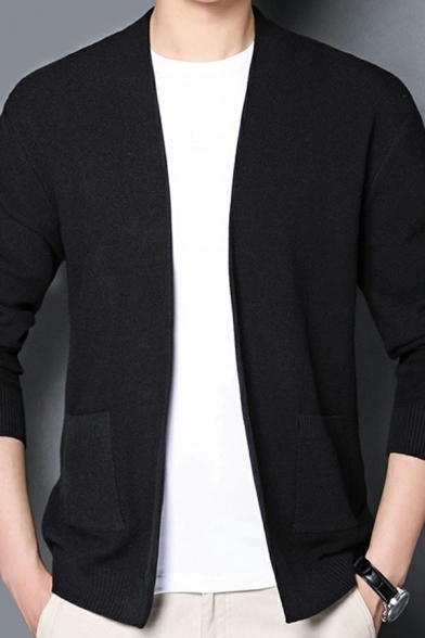 Fashionable Cardigan Solid Pocket Detail Open Front Long Sleeve Fit Cardigan for Men