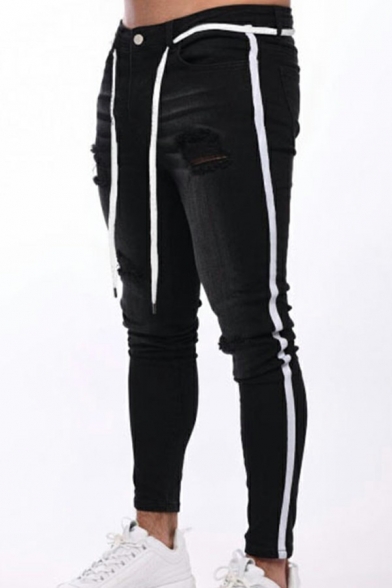 Guys Athletic Jeans Stripe Print Contrast Line Ripped Skinny Ankle Length Jeans