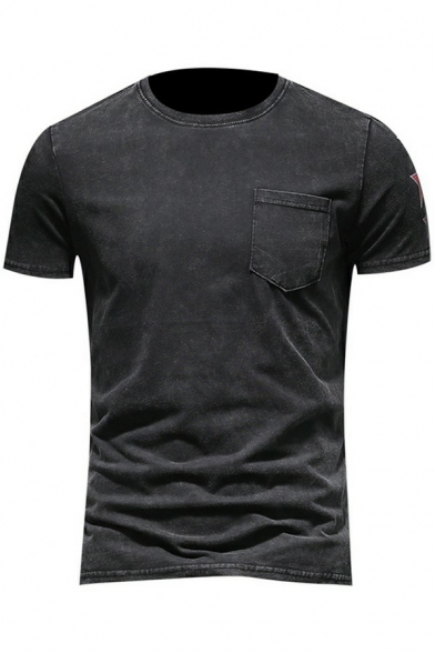 Guys Dashing Black T-shirt Pentagram Pattern Front Pocket Short-sleeved Crew Collar Slim Fit Tee