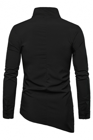 Guys Novelty Shirt Plain Applique Button Pleated Stand Collar Long Sleeves Fitted Shirt