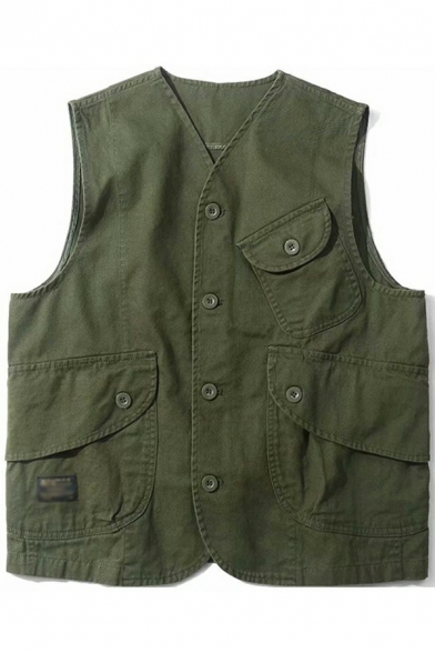Leisure Guys Vest Solid Color Button Closure Pocket Decorated Baggy Vest