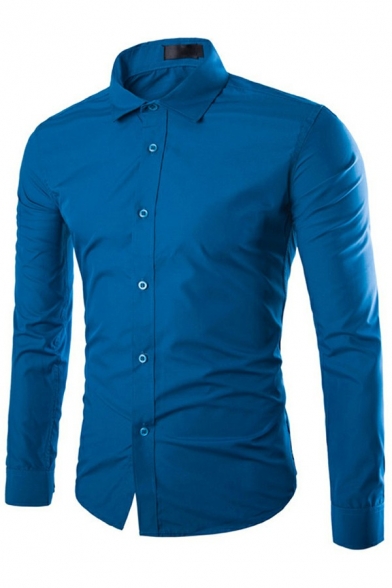 Leisure Men's Shirt Pure Color Button-up Slim Fit Long Sleeve Shirt