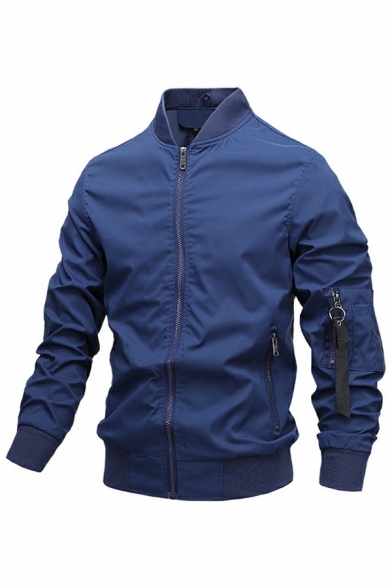 Leisure Mens Jacket Plain Color Stand Collar Long-Sleeved Zipper Closure Regular Fit Jacket with Pockets