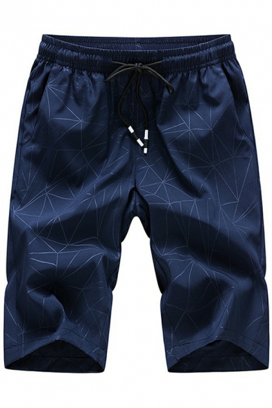 Men Stylish Shorts Geometric Patterned Drawcord Pocket Embellish Fitted Shorts