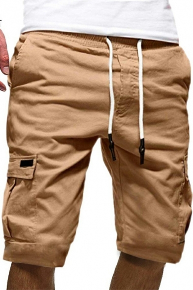 Mens Shorts Pure Color Mid-Rised Side Flap Pockets Design Straight Fit Shorts
