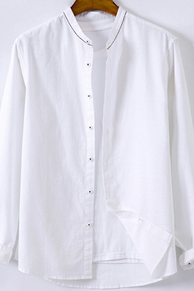 Simple White Shirt Pure Color Long Sleeve Stand Collar Button-down Loose Fitted Shirt Top for Men