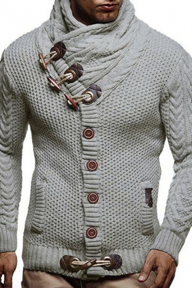Sporty Mens Sweater Solid Color Pocket Decoration Button Detail Regular Sweater