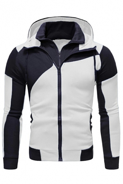 Sporty Mens Zipper Hoodie Color Block Long Sleeve Slim-Fitted Drawcord Hoodie