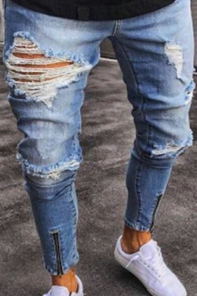 Stylish Jeans Plain Ripped Mid Waist Light Wash Zip Placket Skinny-Fit Long Jeans for Mens