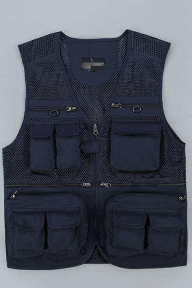 Unique Guys Vest Solid Color Cargo Pocket Mesh Embellish Zipper Baggy Vest