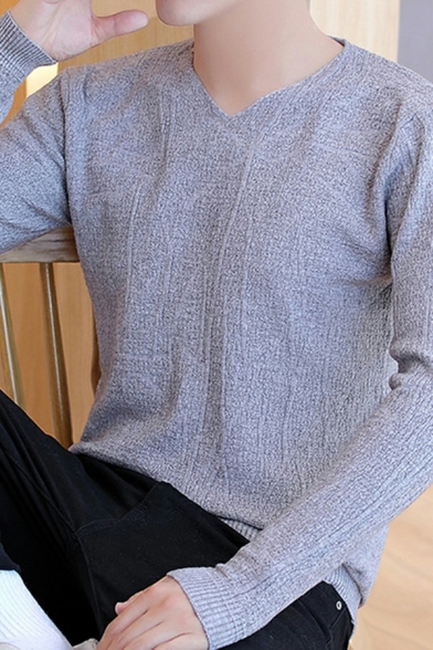 Warm Mens Knitwear Pure Color Textured Print Long Sleeves V-neck Relaxed Fit Pullover Knitwear