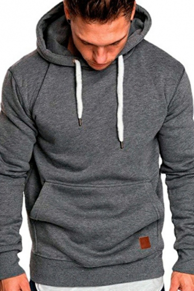 Casual Hoodie Solid Color Long Sleeves Regular Fit Drawcord Hoodie for Men