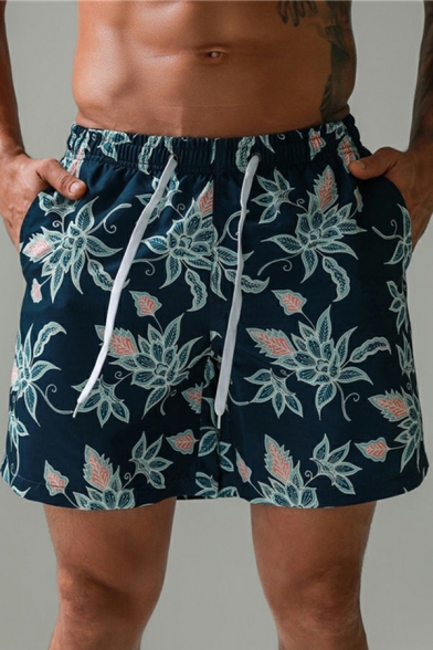 Casual Men's Shorts Tropical Printed Mid-Rised Elasticated Waist with Drawstring Straight Fit Shorts