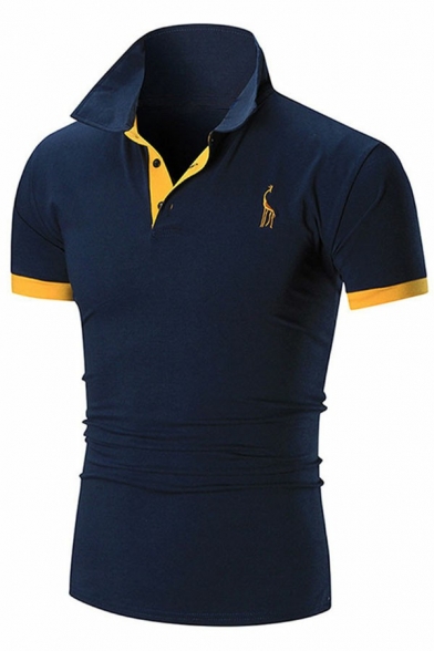 Cool Men Polo Shirt Deer Embroidered Contrast Lined Zip Collar Short Sleeves Slimming Polo Shirt