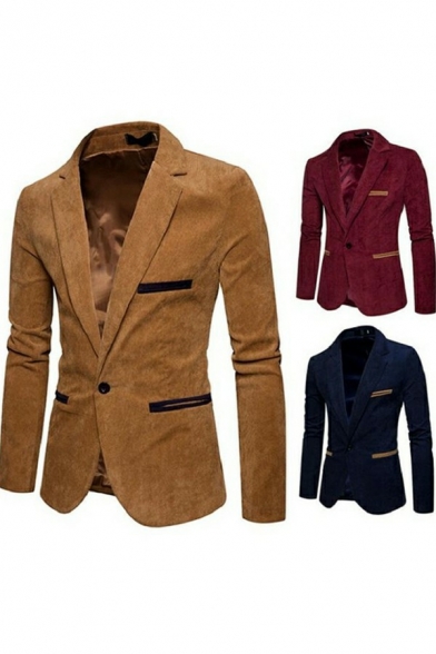 Cozy Guys Suit Blazer Contrast Line Pocket Design Button Long-sleeved Fitted Suit Blazer