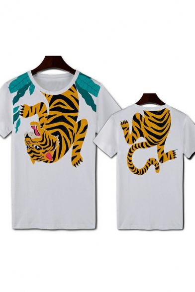 Creative Mens 3D Tiger Printed Short-Sleeved Crew Neck Slim Fit Tee Top