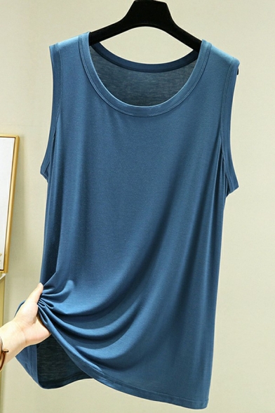 Dashing Mens Tank Top Solid Color Crew Neck Sleeveless Regular Fitted Tank Top