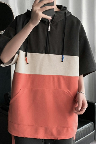 Fashion Men's Sweatshirt Color Block Kanga Pocket Half Sleeve Regular Fit Drawstring Hoodie
