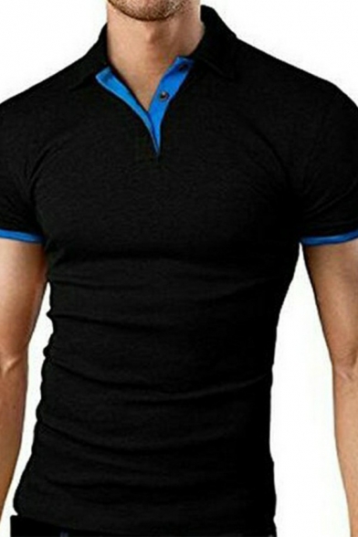 Fashionable Men's Color Blocking Polo Shirt Button Up Detailed Short-sleeved Stand Collar Slimming Polo Shirt