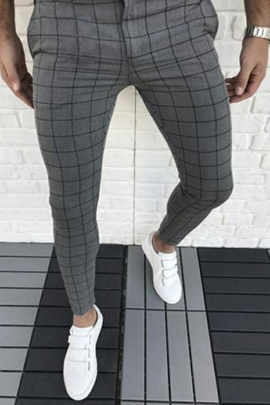 Leisure Mens Pants Plaid Pattern Zip Up Detail Ankle Length Mid-Rised Skinny Fit Pants