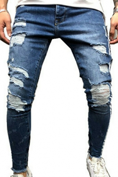 Men Boyish Jeans Stripe Pattern Broken Hole Decoration Mid Rise Skinny Zipper Jeans