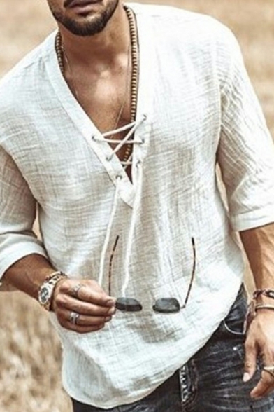 Men Casual Shirt Pure Color Lace-up Collar 3/4 Sleeve Regular Fitted Shirt