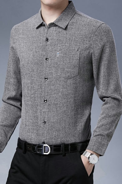 Men Formal Shirt Solid Pocket Detail Button Embellished Collar Fitted Long-sleeved Shirt