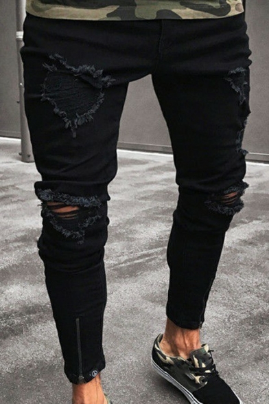 Men Leisure Jeans Destroyed Design Mid Waist Ankle Length Skinny Zip Up Jeans